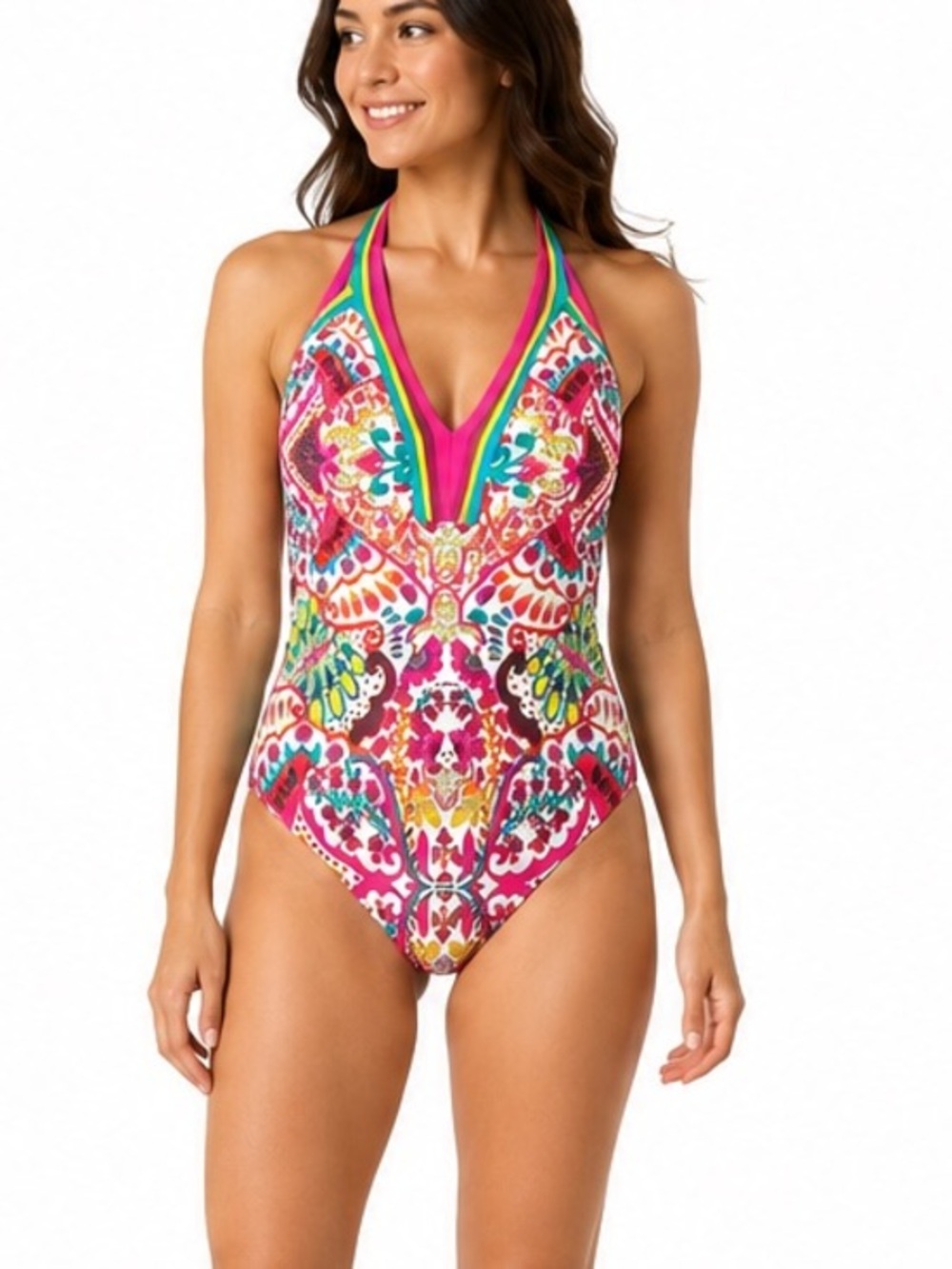 Trina Turk One Piece Swimsuit Size 14 Bright Paisley Halter